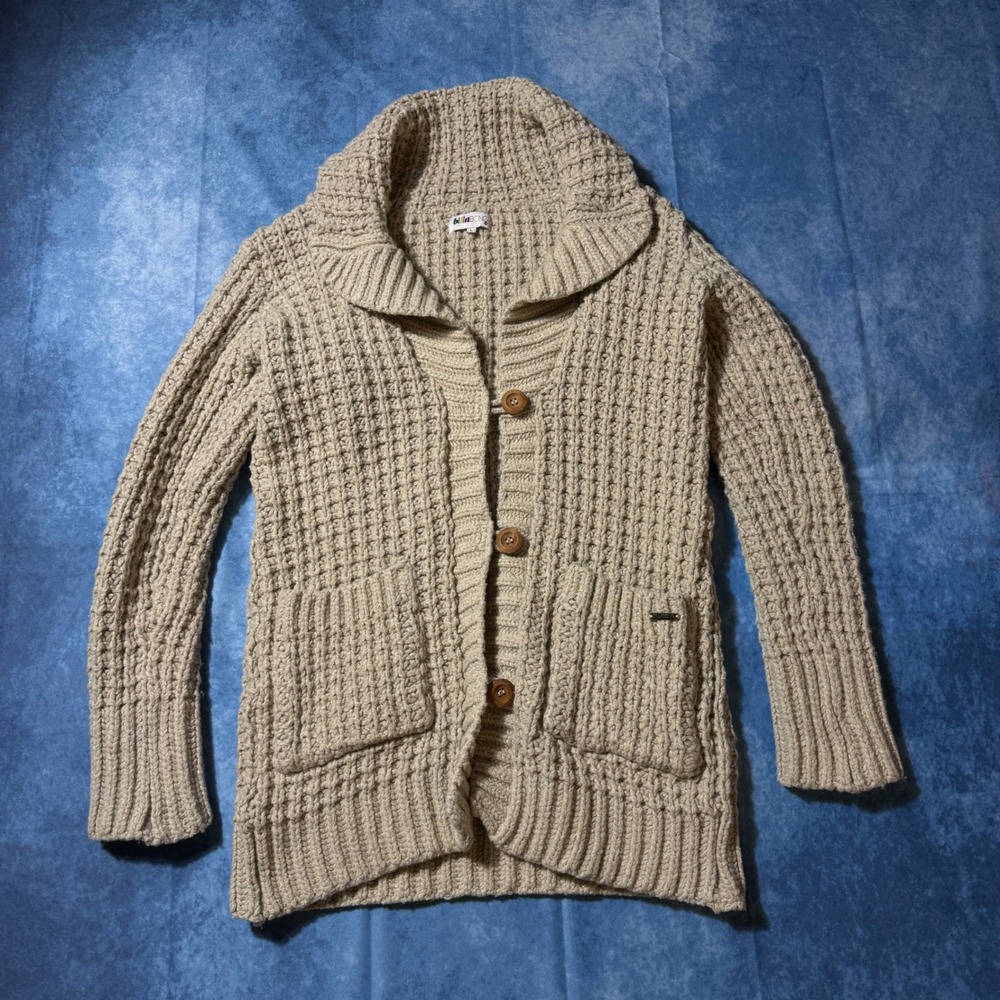Y2K Billabong Chunky Knit Shawl Collar Cardigan Sweater Beige Women L